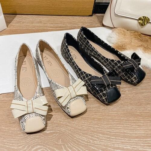 Butterfly-Knot plaid fabric flats woman mary janes grandma shoes for women sneakers moccasins square toe loafers plus size 35-43