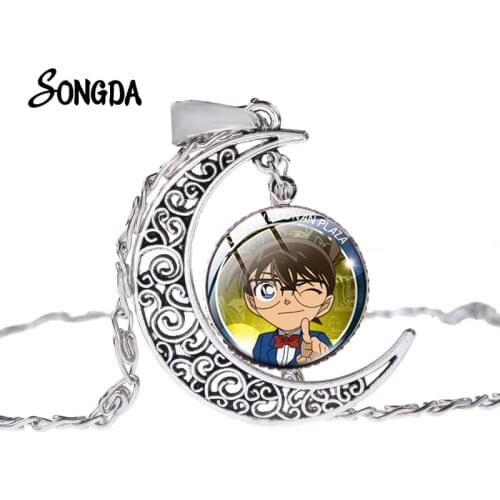 Detective Conan Case Closed Pendant Necklace Vintage Moon Chain Necklaces Glass Cabochon Anime Jewelry for Kids Birthday