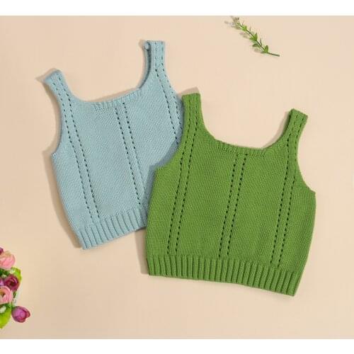 Kids Summer Tank Tops Girl Clothes Solid Color Knitted Wide Shoulder Strap Sleeveless Vest Camisoles Blue/Green