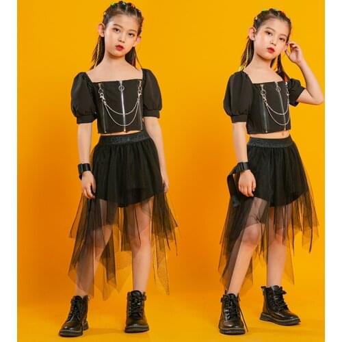 Kid Punk Hip Hop Costume Square Neck Puff Sleeve Crop Crop T Shirt Pleated Mesh Skirt for Girl Jazz Dance Clothes Set