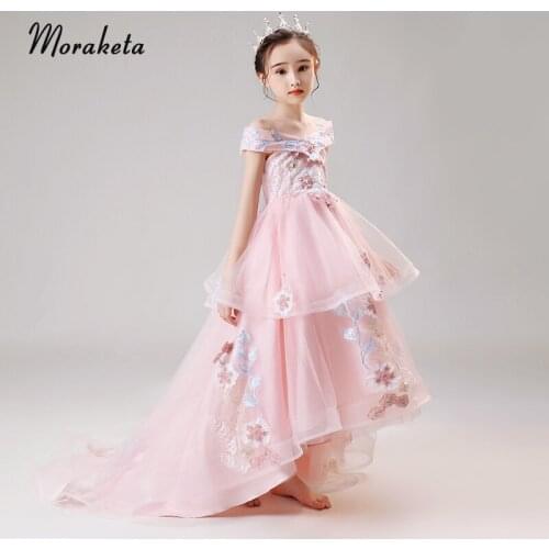 Elegant O-neck Ball Gown High Low Pageant Dresses For Girls 2020 Luxury Beaded Appliques Pink Flower Girl Dresses For Wedding