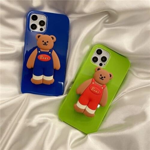 3D Korea cartoon bear fluorescent Holder stand Soft phone case for iphone 12 Pro Max X XR XS 11 Pro Max 7 8 plus SE 2020 cover