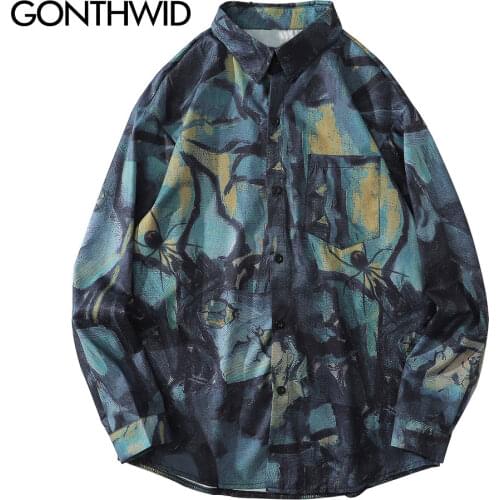 GONTHWID Hawaiian Beach Shirts Graffiti Spider Butterfly Insect Print Long Sleeve Button Shirt Men Hip Hop Casual Punk Rock Tops