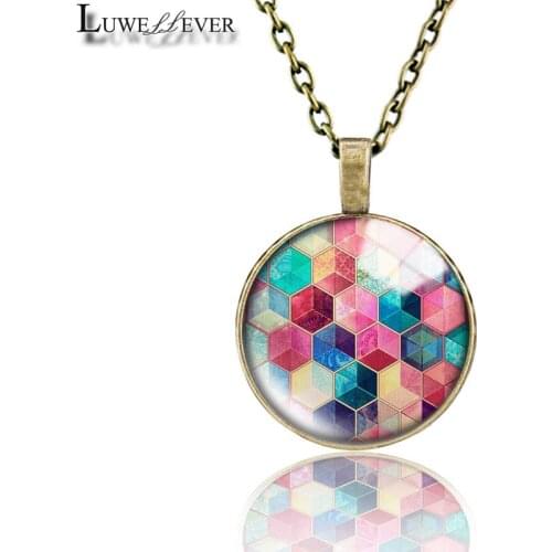 Geometry Necklace 663 25mm Bronze 30mm Wood Rhinestone Double-sided Moon Round Glass Pendant For Women Gift