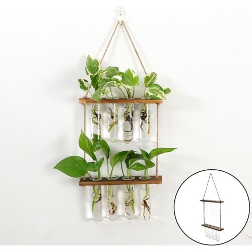 Hydroponics Plant Flower Pot Clear Glass Vase Hanging Test Tube Wooden Stand