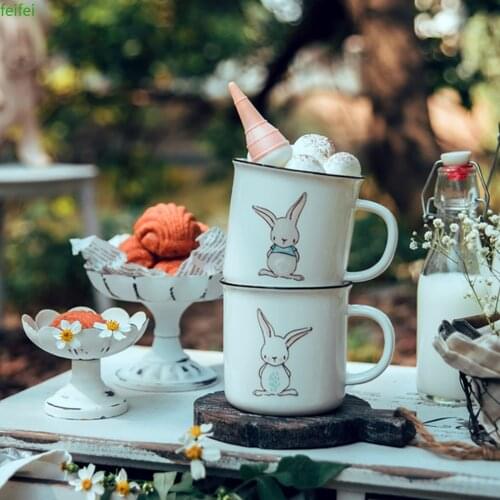 Chinese Enamel Coton Mug Rabbit Milk Coffee Juice Cup Instant Noodle Bowl Beer Barrel Kitchen Drinkware 350ml Kids Gift 1PC