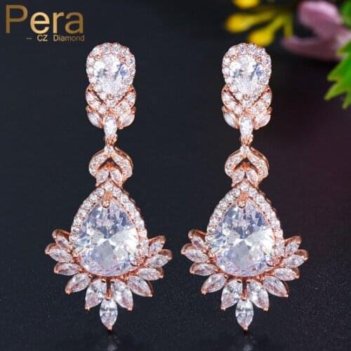 Pera Classic Big Dangle Bridal Jewelry Rose Gold Color Long Chandelier Cubic Zirconia Drop Earrings For Women Wedding Gift E318