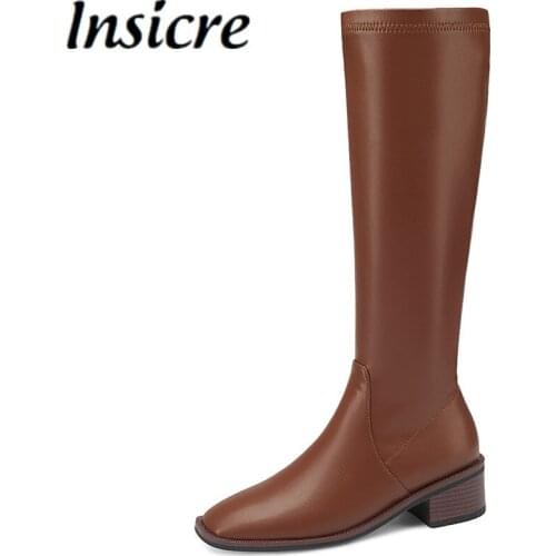Insicre 2021 Classics Winter Shoes Pu Leather Thick Low Heels Zipper Brown Square Toe Women Knee High Boots All-Match
