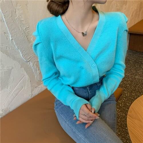 Puff sleeve short sweater womens knitted cardigan autumn new all-match thin V-neck temperament long-sleeved slim top G2097