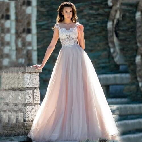 Cap Sleeve Scoop See Through Top Back Appliques Lace Buttons Tulle Wedding Dress 2021 Vestido De Noiva Bridal Gown