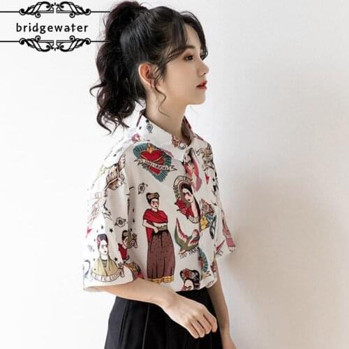Girls summer new retro print shirt women loose Korean lapel short-sleeved chiffon shirt student shirt