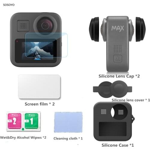 9 in 1 Accessories Set Silicone lens Cap Tempered glass screen Protective film Silicone Case Kit For GoPro Max Action Camera