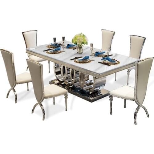 Designer unique new stainless steel golden dining room set with marble table and 6 leather chairs mesa de jantar muebles comedor