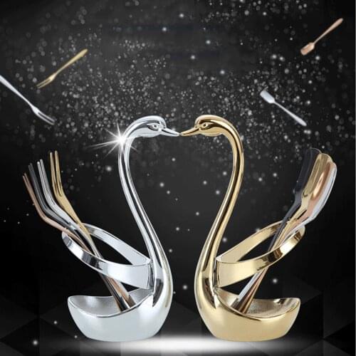 Stainless Steel Tableware Set for Pubs/ Restaurant 6 Pieces Solid Color Fork + Swan Base + Gift Box