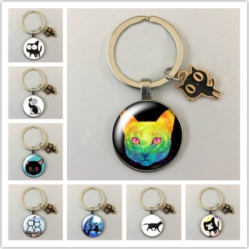 Cartoon cat cute cat pet round glass cabochon keychain car keychain key ring charm keychain gift