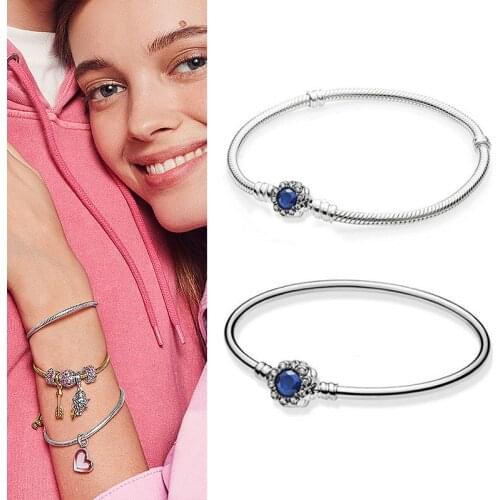 New Pan 925 Silver Brilliant Life Fashion Blue Star Corolla Non Threaded Snake Bone Chain Women Wedding Surprise Gift Jewelry