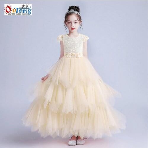 Outong 4-12 Years Kids Clothes Girls Princess Evening Dress Embroidery Waist Appliques Layered For Summer Wedding Party Dress