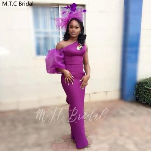 Purple One Shoulder Long African Bridesmaid Dresses Half Sleeve Sheath Plus Size Black Girls Wedding Party Prom Gowns Wholesale