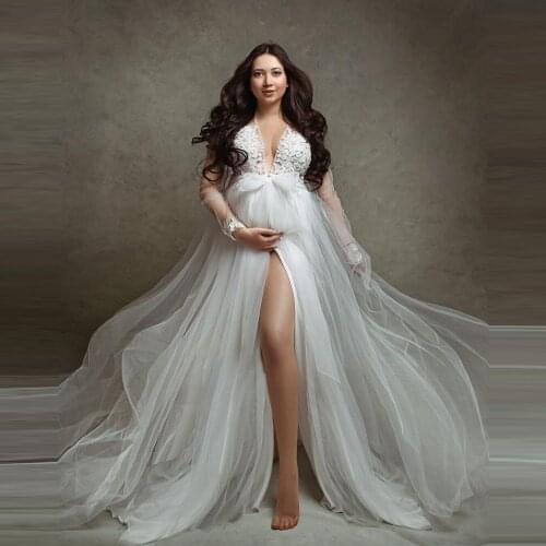 Bridal Flowers A Line Tulle Maternity Dress Sexy V-neck Front Slit Mesh Maternity Women Gowns To Photography Full Sleeves