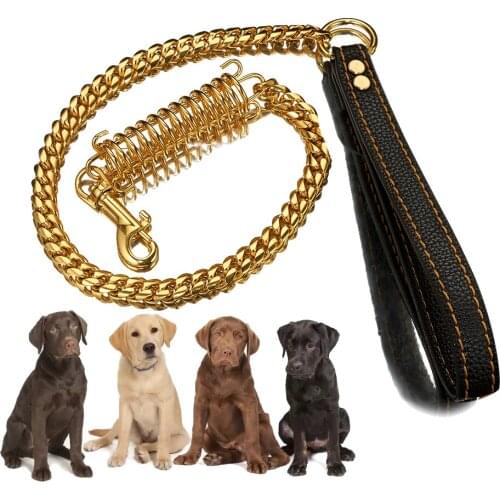 Tiasri Gold Color Solid Stainless Steel Dog Leash Pet Safety Training Rope Buffering Function Pet Supplies Stay Cord Bulldog14mm
