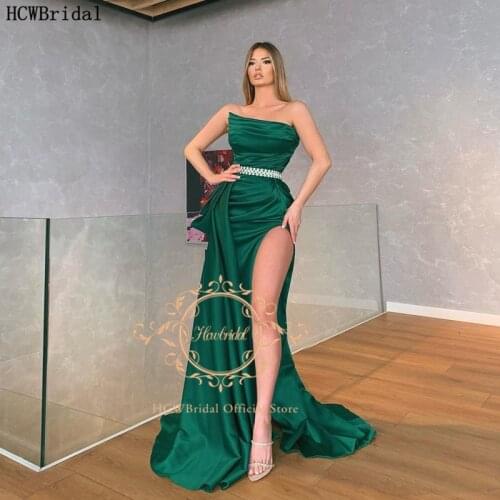 Long Formal Green Mermaid Evening Dress With Slit Strapless Pleats Satin Occasion Party Women Evening Gowns Plus Size