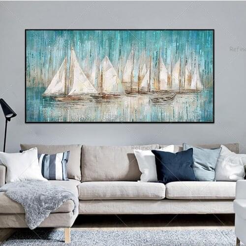 Hand-Painted Canvas Oil Painting Living Room Sofa Horizontal Version Sailing Boat Mural Smooth Sailing Decorative Drawing Art