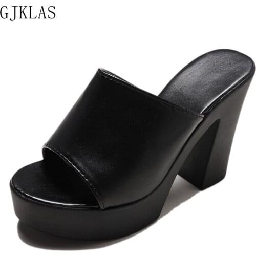 High Heels Sandals Women Chunky Heels Slipper Black White Platform Shoes Fashion Leather Sandals Summer Woman Slippers Shoes