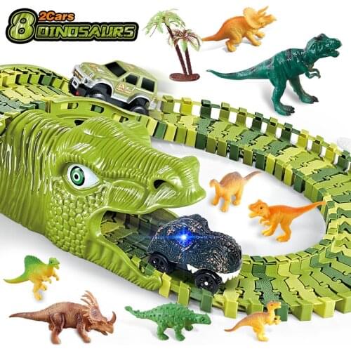 Dinosaur Railway-Toy Flash-Light Car Track Racing Track Toy Educational Bend Flexible Race Track Car Toys For Children Boys