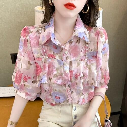 Vetement Femme 2021 Summer Flower Chiffon Tops Ladies Pink Button Up Ruffles Button Up Shirt Dropshipping Korean Clothing 0663