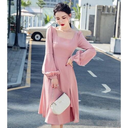 2021 New Fashion Women Spring Square Collar Lantern Sleeve Blue Pink Solid Hight Waist A Line Split Casual Office Midi Dress