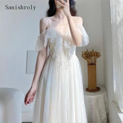 Sanishroly Women Long Sleeveless Dress Summer Sexy Slash Neck Spaghetti Strap Dress Lady Tie Bow Lace Mesh Dresses Vestidos C135