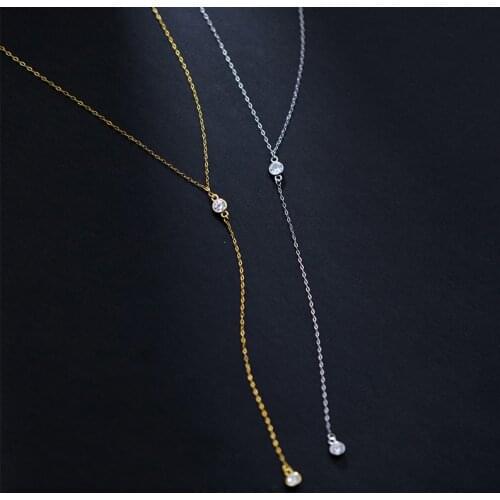18K Gold real. 925 Sterling Silver CZ Solitaire Pendant "Y" lariat necklace Sweater Long Tassel girls C-D8472