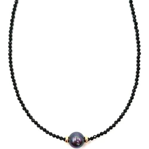 LiiJi Unique Choker Necklace Real Black Spinel Faceted Beads Tahitian Black Shell Pearl 925 Sterling Silver Gold Color Gift