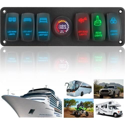 Circuit Breaker Waterproof On-Off LED Voltage Display Outlet Combination for RV Car Marine 12-24V 6 Gang Rocker Switch Panel