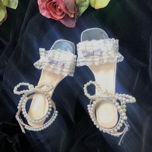 Lolita bow pearl cross bandage sandals womens shoes square heel summer sweet girl shallow mouth kawaii shoes cosplay Lolita