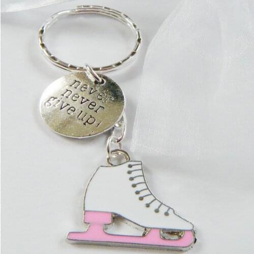 Never Never Give Up Ice Skater Skate Keychain Vintage Silver Figure Skating Key Chains Ring Keys Car Bag Key Ring Handbag Gift
