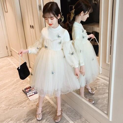 2021 School Childrens Clothing Butterfly Knitwear Mesh Kids Girls Dress 6 8 10 12 13 Years Spring Autumn Elegant Dresses