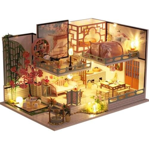 DIY Wooden Dollhouse Japanese Loft Cherry Blossoms Kit Assembled Miniature 3D Doll House Toys for Children Adult Christmas Gifts