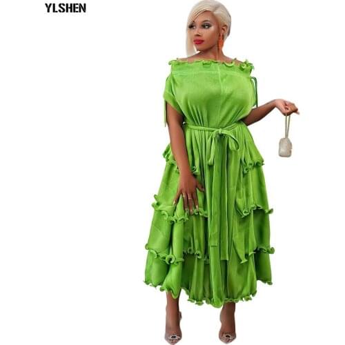 Long African Dresses for Women 2021 Pleated Maxi Dress African Clothes Dashiki Sexy Ruffles Gown Robe Africaine Femme with Belt