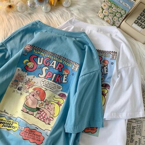 Boys Vintage Blue Shirt Men Summer Letter T shirt Oversize Plus Size 100% Cotton Students Streetwear Teens Top Short Sleeve Male