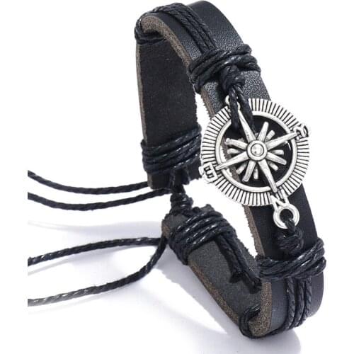 Jessingshow Mens Vintage Compass Alloy Accessories Leather Bracelet Religious Men Women Handmade Bangle Jewelry Size Adjustable