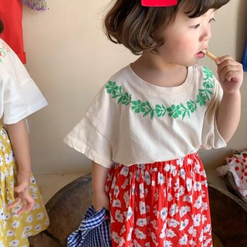 Summer girls cotton Collar embroidery Tees short sleeve soft casual T shirts