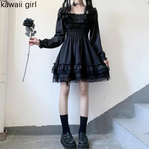 2020 New Lolita Style Long Sleeve Dress Girls Gothic Lolita Casual Everyday Black Midi Dresses Kawaii Cute Sweet Soft Girl Dress