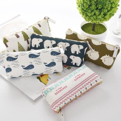 Cute Cartoon Bear Whale Cotton Linen Pencil Case School Stationery Storage Pouch