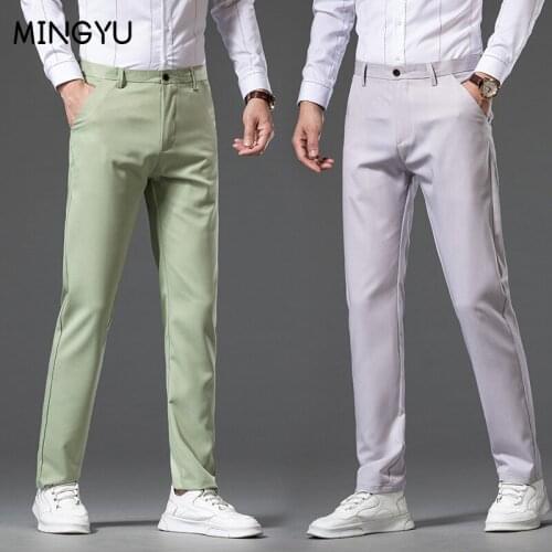 2021 Spring Summer Mens Straight Casual Pants Cool fabric Business Fashion Solid Color Green Thin Trousers Male Brand clothing