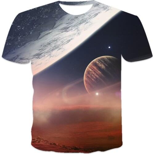 New best-selling oversized loose mens T-shirt clothes short-sleeved planet print O-neck mens T-shirt