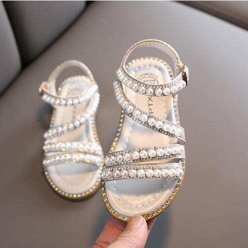 2020 New Summer Girls Sandals Toddler Infant Kids Slip On Pearl Crystal Single Princess Roman Shoes For Baby Little Big Girls