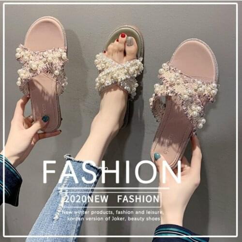 Summer New Leisure Fashion Slippers Women String Bead Square Heel Flat Outer Wear Slides Drag Breathable Beautiful Non-slip Shoe