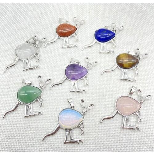Wholesale Natural Gem stone Water Drop Quartz Crystal tiger eye animal kangaroo Archaize silver Pendant Jewelry making 10 pcs