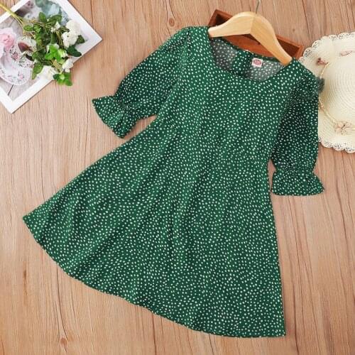 Autumn Winter 2021 New Girls Dress Long Sleeve O Neck Green Dot Cute Sweet Baby Vestidos 1-8T